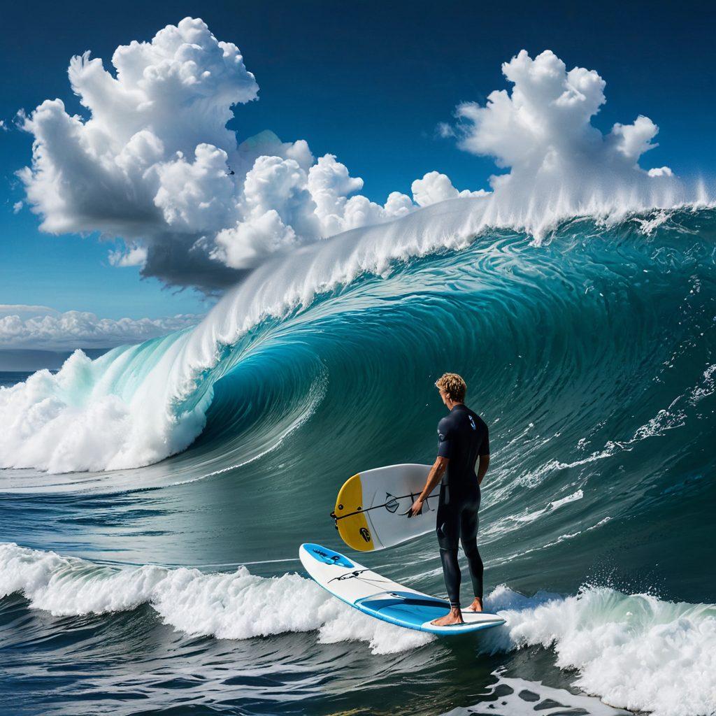 A vivid scene depicting a surfer catching a wave made of data, symbolizing the internet. The ocean is filled with binary codes and performance metrics, like speed dials and loading bars. In the sky, fluffy clouds shaped like various devices such as laptops and smartphones, shining with colorful light. The atmosphere should convey a sense of adventure and exploration, highlighting the essence of surfing the web. super-realistic. vibrant colors. dynamic composition.