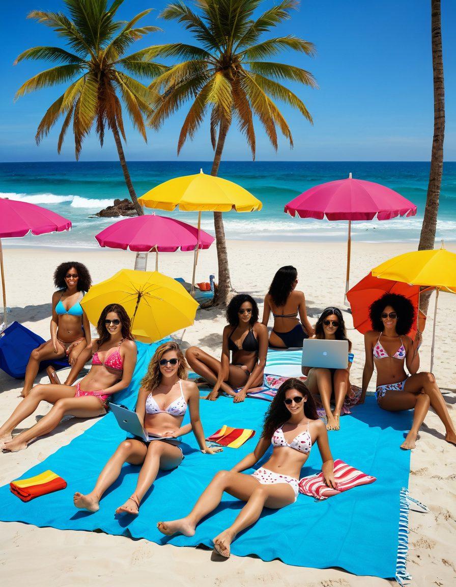A stylish beach scene featuring a diverse group of models showcasing various bikini styles, from vintage to modern trends, with colorful beach umbrellas and waves in the background. Include a laptop on a beach towel to symbolize testing internet performance, blending fashion with technology. Bright and vibrant colors to evoke summer vibes. super-realistic. vibrant colors. tropical background.