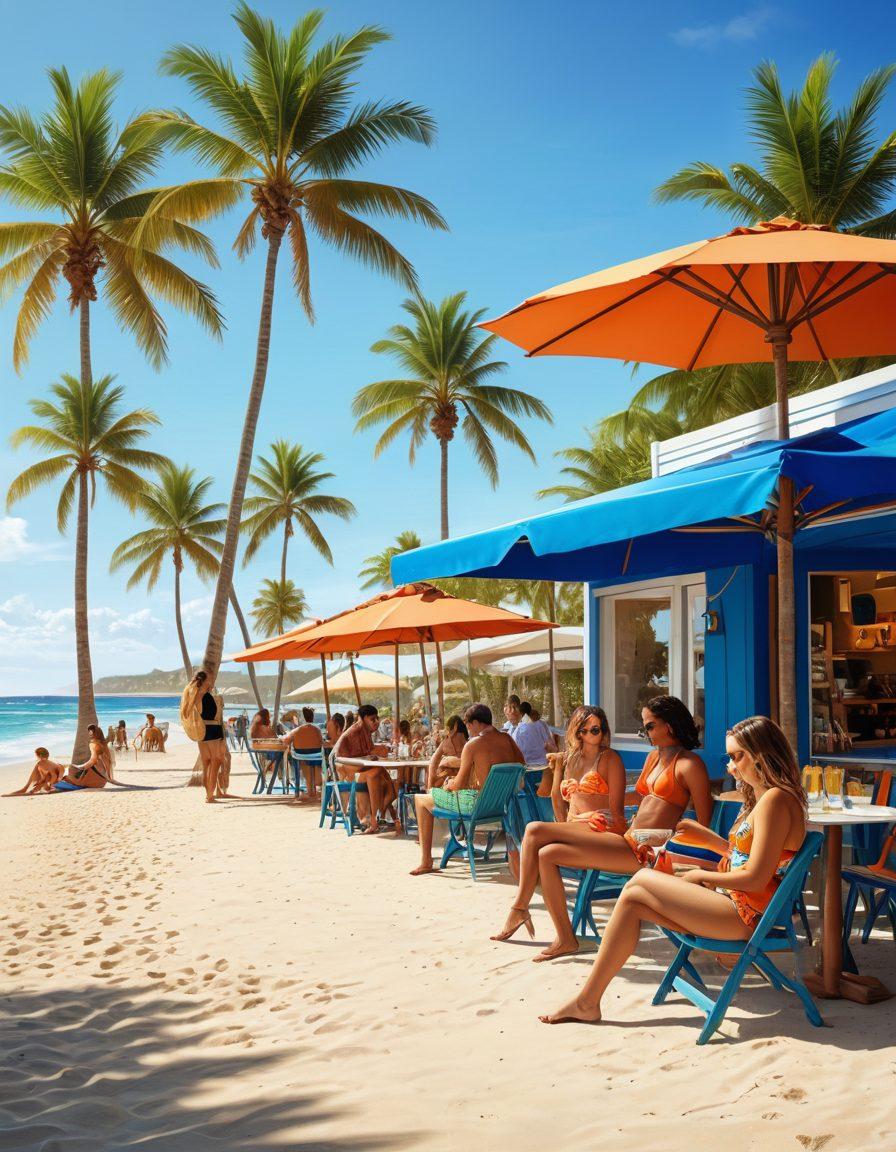 A stylish beach scene featuring a diverse group of people wearing the latest swimwear trends, showcasing vibrant colors and unique designs. In the background, a modern beachside café with Wi-Fi symbols to represent connectivity, while a tech-savvy individual conducts a bandwidth test on their device. Sunny day, sparkling ocean waves, and palm trees to enhance the relaxed beach atmosphere. super-realistic. vibrant colors. bright blue sky.